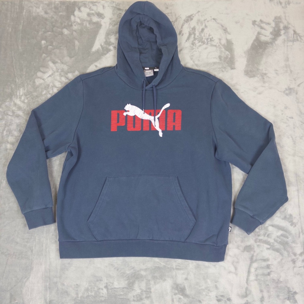 Puma Hoodie Mens XL Blue Red White Logo Pullover Fleece Sweatshirt 848018-66